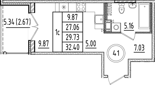 Планировка — Образцовый квартал, Студия, 27 м²