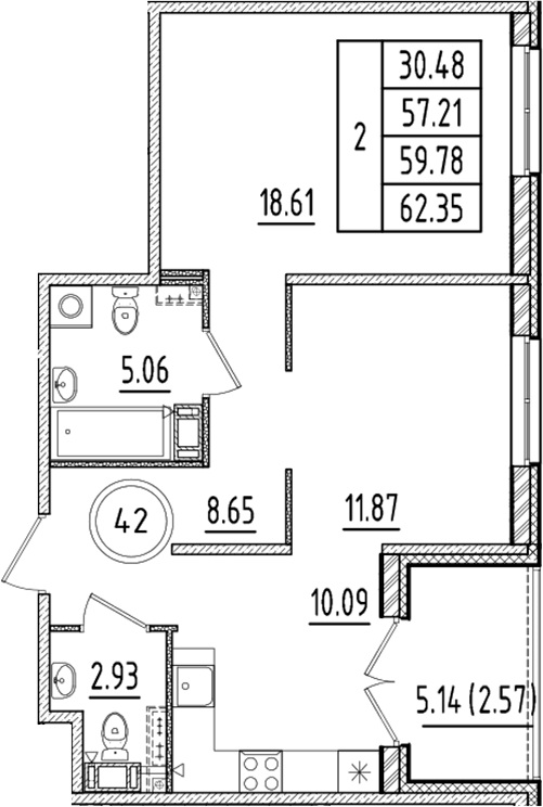 Планировка — Образцовый квартал, 2-комн., 57 м²