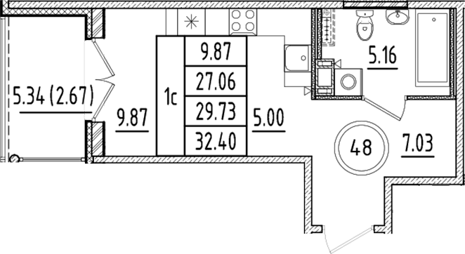 Планировка — Образцовый квартал, Студия, 27 м²