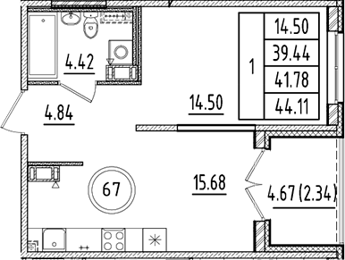 Планировка — Образцовый квартал, 2-комн., 39 м²