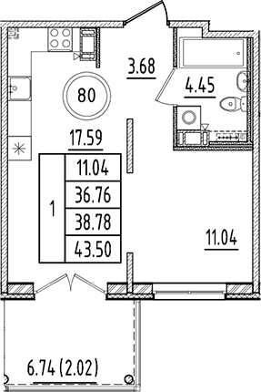 Планировка — Образцовый квартал, 2-комн., 37 м²