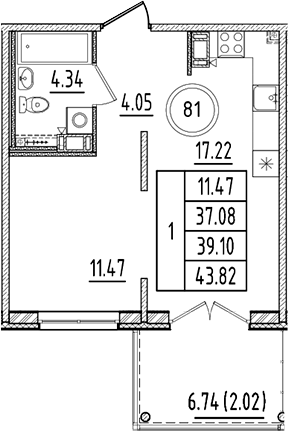 Планировка — Образцовый квартал, 2-комн., 37 м²
