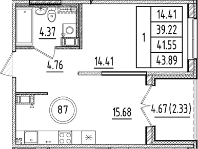 Планировка — Образцовый квартал, 2-комн., 39 м²