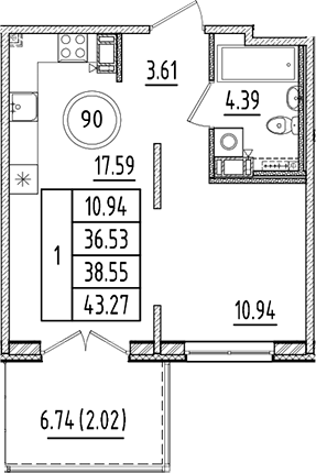 Планировка — Образцовый квартал, 2-комн., 37 м²