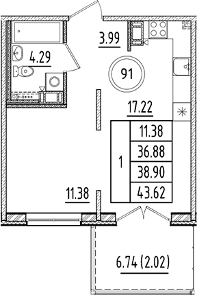 Планировка — Образцовый квартал, 2-комн., 37 м²