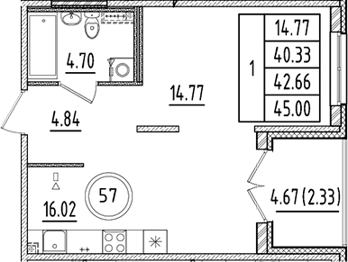 Планировка — Образцовый квартал, 2-комн., 40 м²