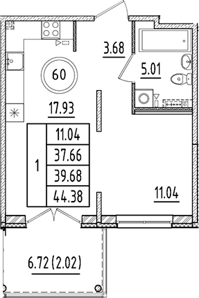 Планировка — Образцовый квартал, 2-комн., 38 м²