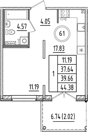 Планировка — Образцовый квартал, 2-комн., 38 м²