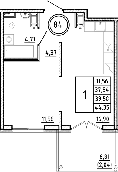 Планировка — Образцовый квартал, 2-комн., 38 м²