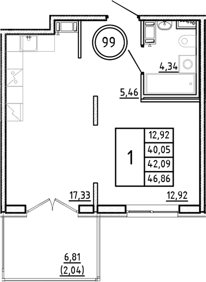 Планировка — Образцовый квартал, 2-комн., 40 м²