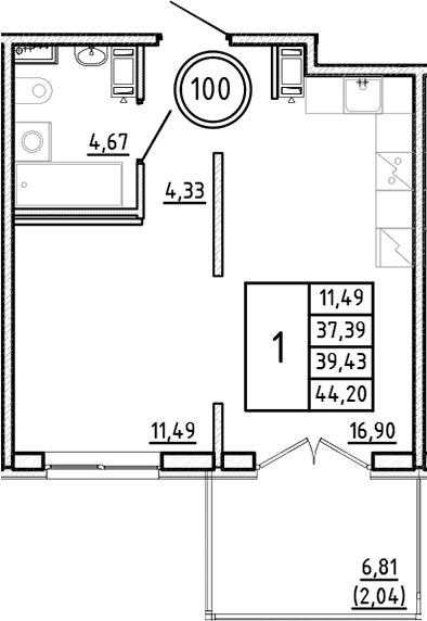 Планировка — Образцовый квартал, 2-комн., 37 м²