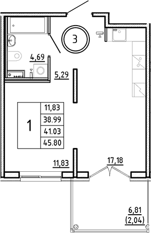 Планировка — Образцовый квартал, 2-комн., 39 м²