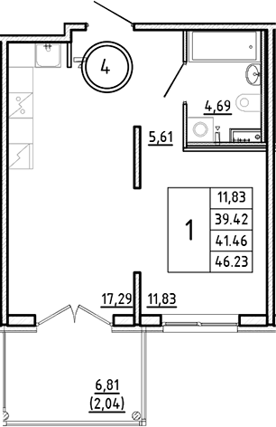 Планировка — Образцовый квартал, 2-комн., 39 м²