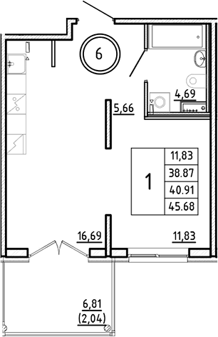 Планировка — Образцовый квартал, 2-комн., 39 м²
