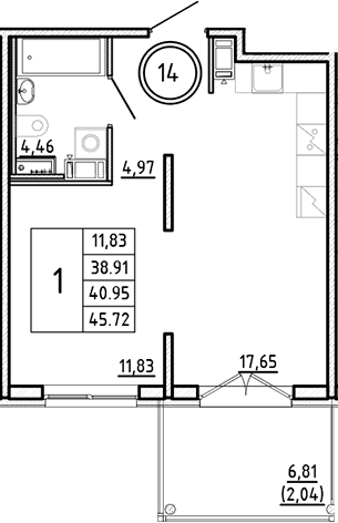Планировка — Образцовый квартал, 2-комн., 39 м²