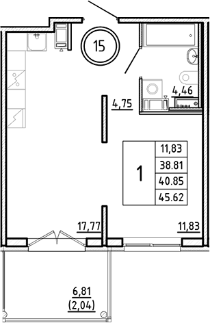 Планировка — Образцовый квартал, 2-комн., 39 м²