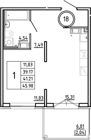 Планировка — Образцовый квартал, 2-комн., 39 м²
