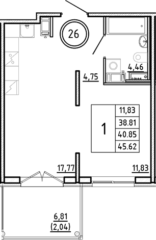 Планировка — Образцовый квартал, 2-комн., 39 м²