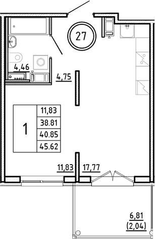 Планировка — Образцовый квартал, 2-комн., 39 м²