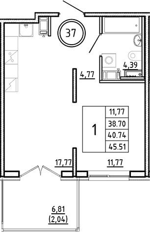 Планировка — Образцовый квартал, 2-комн., 39 м²