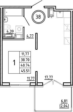 Планировка — Образцовый квартал, 2-комн., 39 м²