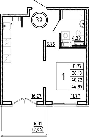 Планировка — Образцовый квартал, 2-комн., 38 м²