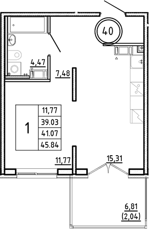 Планировка — Образцовый квартал, 2-комн., 39 м²