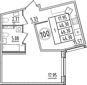 Планировка — Образцовый квартал, 2-комн., 46 м²