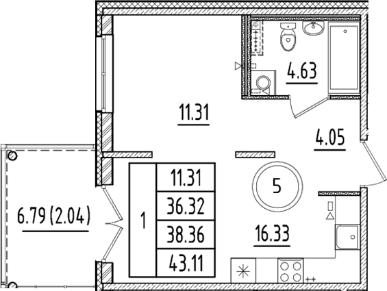 Планировка — Образцовый квартал, 2-комн., 36 м²