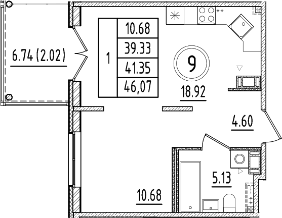 Планировка — Образцовый квартал, 2-комн., 39 м²