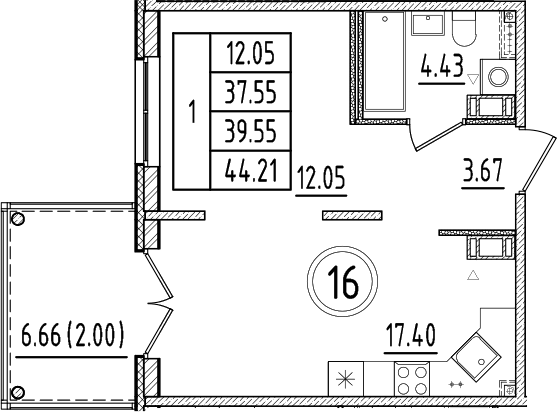Планировка — Образцовый квартал, 2-комн., 38 м²