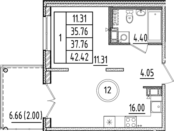 Планировка — Образцовый квартал, 2-комн., 36 м²