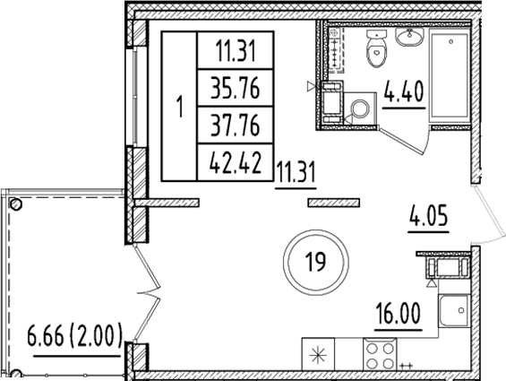 Планировка — Образцовый квартал, 2-комн., 36 м²