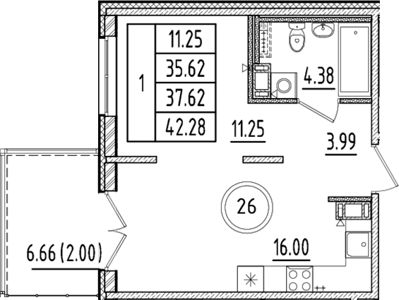 Планировка — Образцовый квартал, 2-комн., 36 м²
