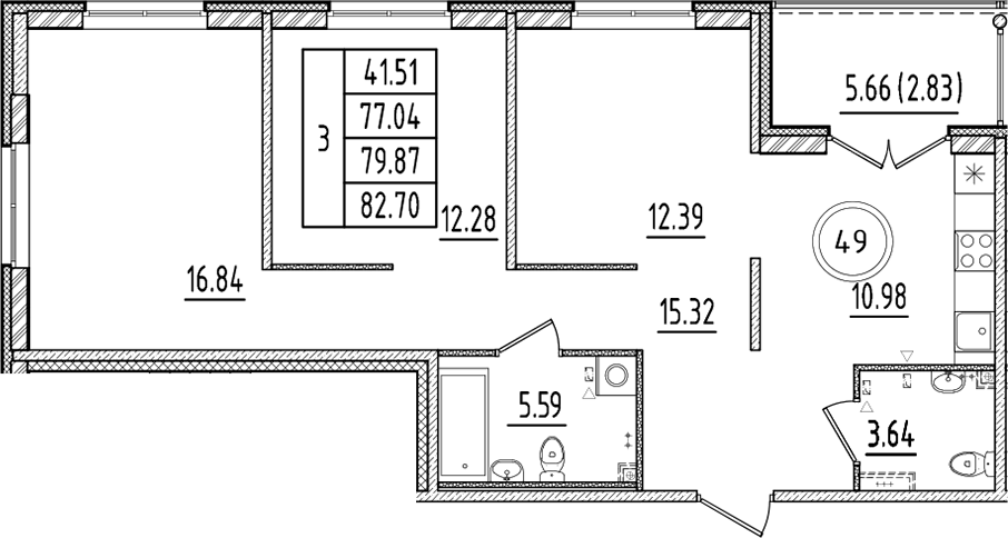 Планировка — Образцовый квартал, 3-комн., 77 м²