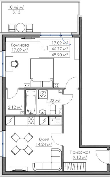 Планировка — Малая Финляндия, 1-комн., 47 м²