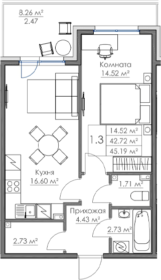 Планировка — Малая Финляндия, 2-комн., 43 м²