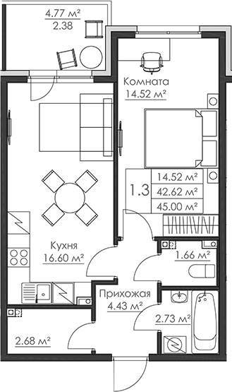 Планировка — Малая Финляндия, 2-комн., 43 м²