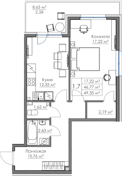 Планировка — Малая Финляндия, 1-комн., 47 м²