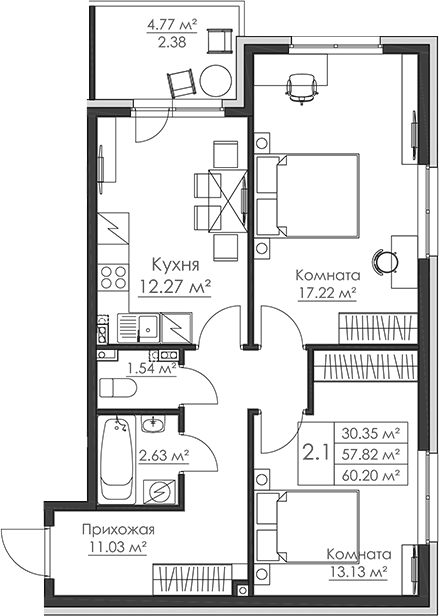 Планировка — Малая Финляндия, 2-комн., 58 м²