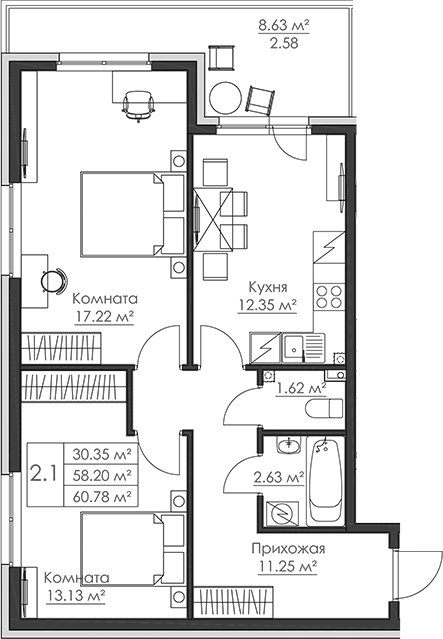 Планировка — Малая Финляндия, 2-комн., 58 м²