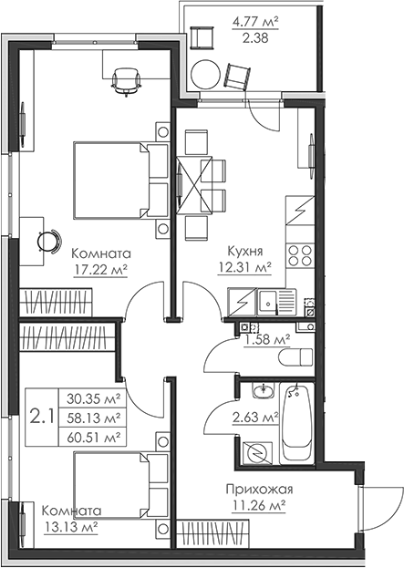 Планировка — Малая Финляндия, 2-комн., 58 м²