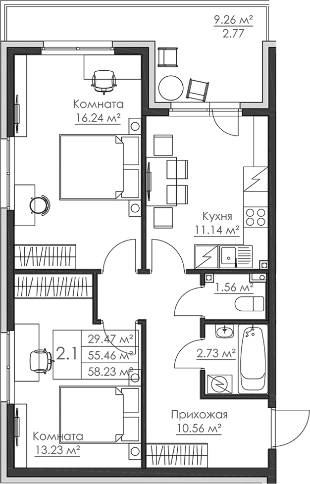 Планировка — Малая Финляндия, 2-комн., 55 м²