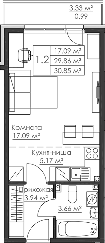 Планировка — Малая Финляндия, Студия, 30 м²