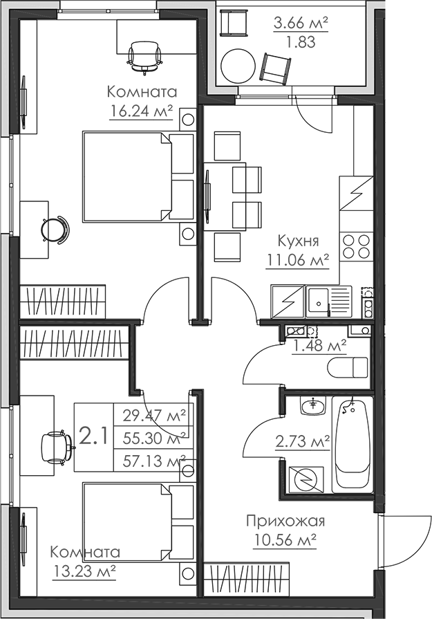 Планировка — Малая Финляндия, 2-комн., 55 м²