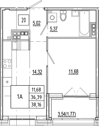 Планировка — Ranta Residence, 2-комн., 36 м²