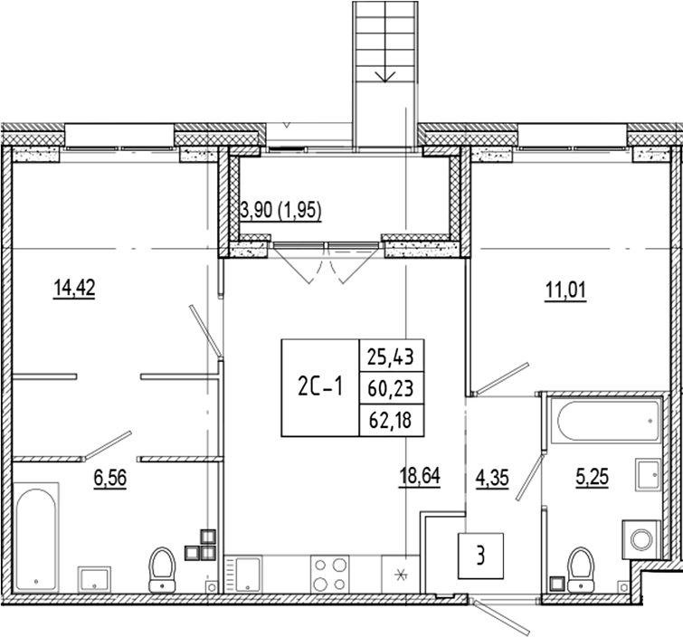 Планировка — Ranta Residence, 3-комн., 60 м²