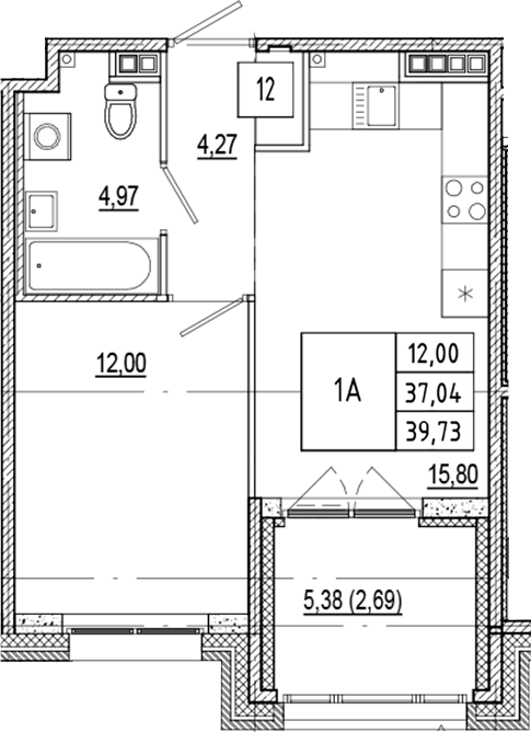 Планировка — Ranta Residence, 2-комн., 37 м²