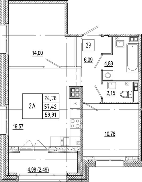 Планировка — Ranta Residence, 3-комн., 57 м²