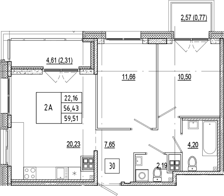 Планировка — Ranta Residence, 3-комн., 56 м²